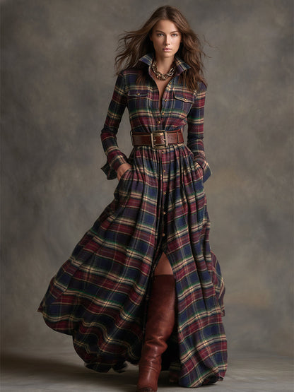 Retro Ethnic Style Lapel Reddish Brown Plaid Maxi Dress