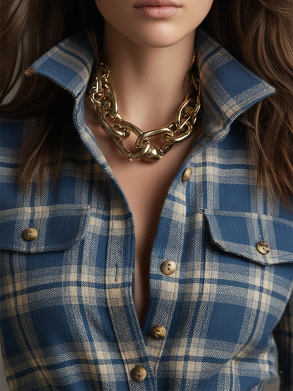 Retro Ethnic Style Lapel Reddish Brown Plaid Maxi Dress