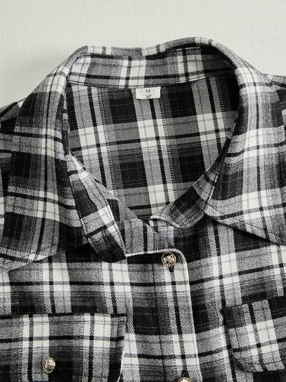 Retro Ethnic Style Lapel Reddish Brown Plaid Maxi Dress