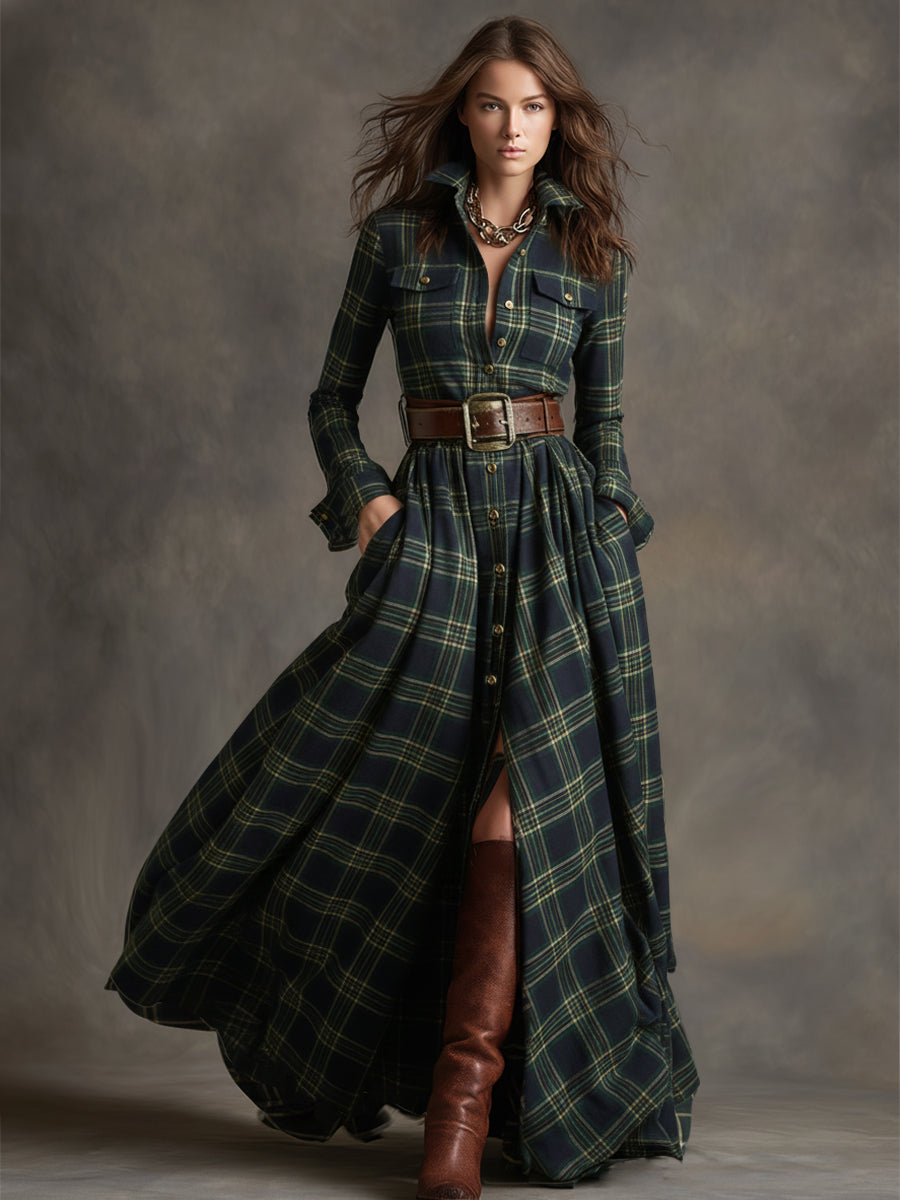 Retro Ethnic Style Lapel Reddish Brown Plaid Maxi Dress
